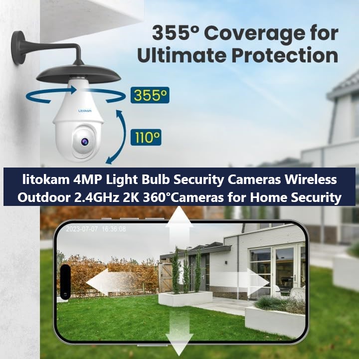 litokam 4MP Light Bulb Security Cameras Wireless Outdoor 2.4GHz 2K 360°Cameras for Home Security